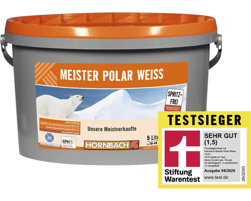 Hornbach Meister Polar Weiss Wandfarbe in einem 5 Liter Eimer, ausgezeichnet als Testsieger mit sehr gut von der Stiftung Warentest.