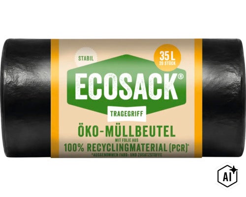 Eine Rolle Ecosack Müllbeutel mit 35 Litern Fassungsvermögen und 20 Stück pro Packung aus recyceltem Kunststoff mit Tragegriff. (Image AI modified or generated)