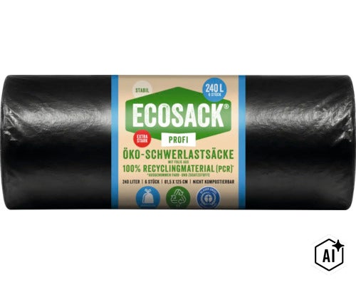 Rolle Ecosack Schwerlastsaecke, 240 Liter Inhalt, 6 Stueck, aus 100 Prozent Recyclingmaterial, Maße 81,5 mal 125 Zentimeter (Image AI modified or generated)