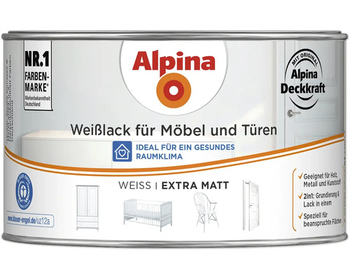 Dose Alpina Weisslack für Möbel und Türen, extra matt, für Holz, Metall und Kunststoff, mit Blauer Engel Zertifikat.