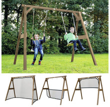 Spielschaukel aus Holz mit zwei Schaukelsitzen und integriertem Fußballtor oder Spielnetz für den Garten.