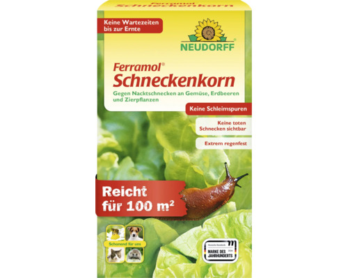 Neudorff Ferramol Schneckenkorn zur Bekämpfung von Nacktschnecken im Garten, ausreichend für 100 Quadratmeter Fläche.
