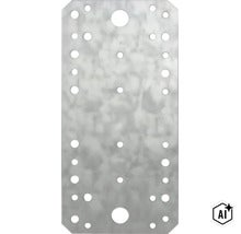 Rechteckiger Lochplattenverbinder aus verzinktem Stahl mit zahlreichen Befestigungslöchern für Holzverbindungen (Image AI modified or generated)