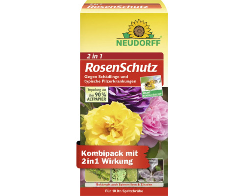 Neudorff RosenSchutz 2 in 1 zur Bekämpfung von Schädlingen und Pilzkrankheiten für 10 Liter Spritzbrühe in nachhaltiger Verpackung.