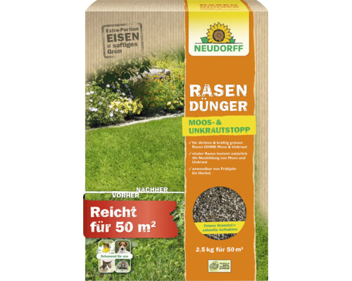 Neudorff Rasendünger Moos und Unkrautstopp 2,5 Kilogramm für 50 Quadratmeter gegen Unkraut und Moos für einen dichten grünen Rasen.