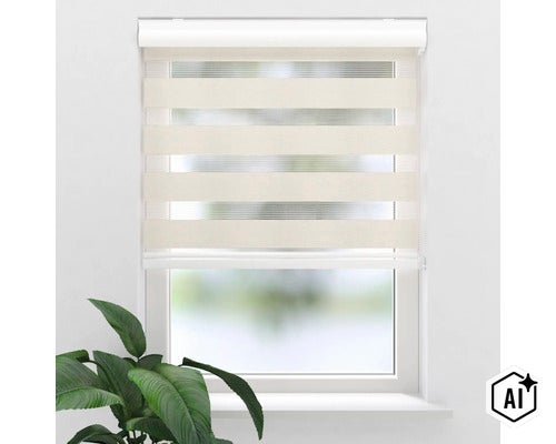 Doppelrollo zur Fensterdekoration mit horizontalen Streifen für individuelle Lichtregulierung (Image AI modified or generated)
