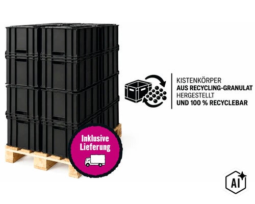 Stapelbare Kunststoffbehaelter auf einer Europalette mit Hinweis auf Recyclingmaterial und inkludierter Lieferung. (Image AI modified or generated)