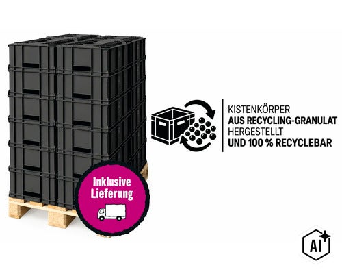 Stapel aus Kunststoffkisten auf einer Palette mit Informationen zum Recyclingmaterial und inklusive Lieferung. (Image AI modified or generated)