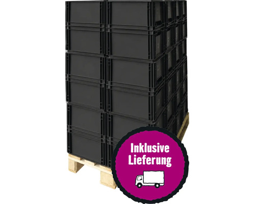 Stapelbare Kunststoffbehaelter auf Holzpalette mit Hinweis auf inklusive Lieferung