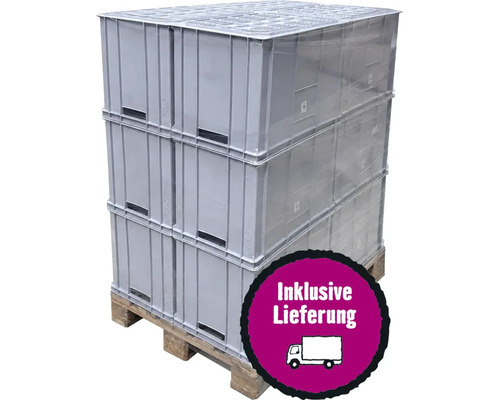 Stapelbare Kunststoffbehälter auf einer Holzpalette inklusive Lieferung verpackt in Folie.