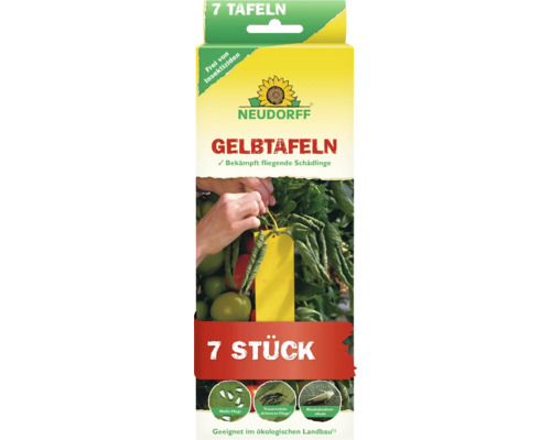 Packung Neudorff Gelbtafeln mit 7 Tafeln zur Bekämpfung von fliegenden Schädlingen wie Trauermücken und Weißen Fliegen an Pflanzen.