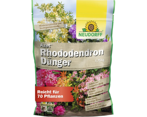 Neudorff Azet Rhododendron Dünger 1,75 kg in einem wiederverschließbaren Beutel mit Informationen zu Sofort- und Langzeitwirkung für 70 Pflanzen.