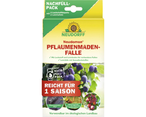 Neudorff Neudomon Pflaumenmadenfalle Nachfüllpack mit zwei Lockstoffdepots und zwei Leimtafeln zur biologischen Schädlingsbekämpfung.