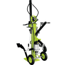 Vertikaler Holzspalter mit Elektromotor und Fahrwerk zum effizienten Spalten von Brennholz.