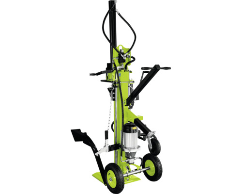 Vertikaler Holzspalter mit Elektromotor und Fahrwerk zum effizienten Spalten von Brennholz.
