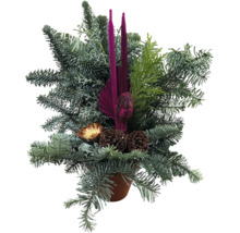 Weihnachtliches Gesteck in einem Topf mit Tannenreisig, zwei Kerzen, Zapfen und Dekorationsschmuck.