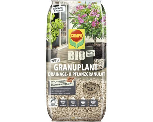 Compo Bio Granuplant Drainage und Pflanzgranulat aus Bimsstein, 40 Liter Sack mit 8 bis 16 Millimeter Körnung für Pflanzen in Töpfen.