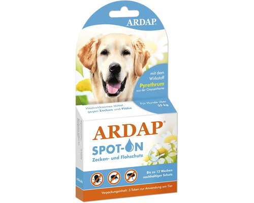 Ardap Spot-On Zecken- und Flohschutz für Hunde über 25 kg, 3 Tuben mit Pyrethrum zur Anwendung am Tier.