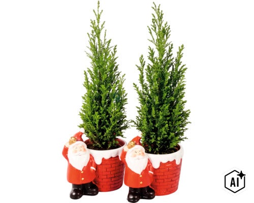 Zwei Zypressen in Blumentöpfen mit Weihnachtsmannfiguren als Dekoration (Image AI modified or generated)