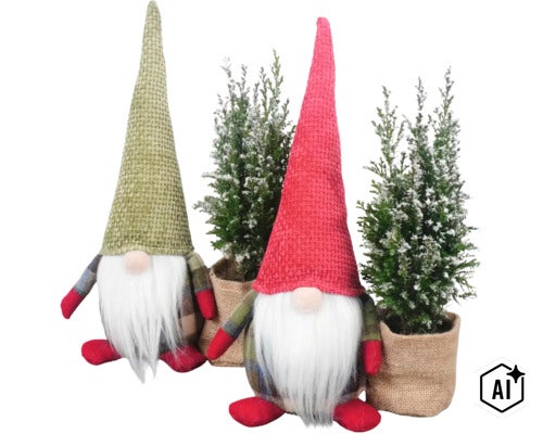 Zwei dekorative Wichtel mit hohen Mützen und zwei künstliche kleine Tannenbäume in Jutetöpfen als Weihnachtsdekoration. (Image AI modified or generated)