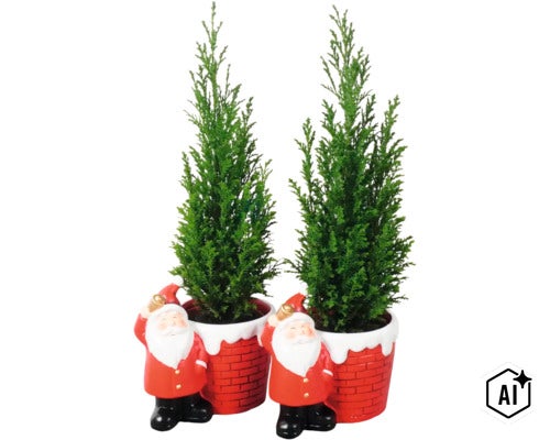 Zwei Zypressen in Töpfen mit Weihnachtsmann Motiv als Dekoration (Image AI modified or generated)