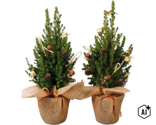 Zwei kleine dekorierte Tannenbäume in Jutesäcken für die Weihnachtsdekoration (Image AI modified or generated)