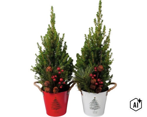 Zwei kleine Weihnachtsbäume in Metalltöpfen dekoriert mit Glocken, Beeren und Tannenzapfen als weihnachtliche Dekoration. (Image AI modified or generated)