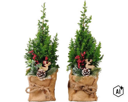 Zwei kleine Weihnachtsbaeume in Jutestoffsaecken dekoriert mit Rentierfigur, Tannenzapfen und roten Beeren. (Image AI modified or generated)
