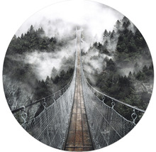 Eine Hängebrücke führt über einen Wald in den Wolken.