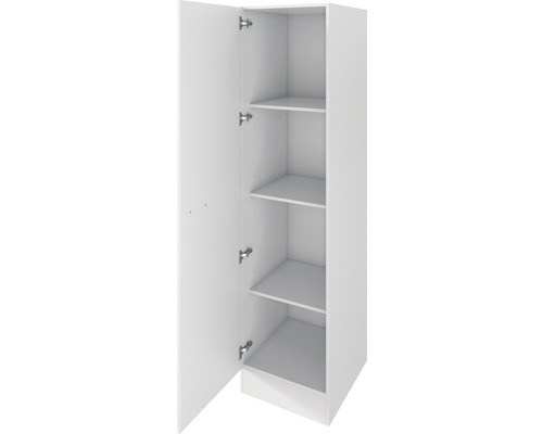 Weißer Hochschrank mit offener Tür und Regalböden.