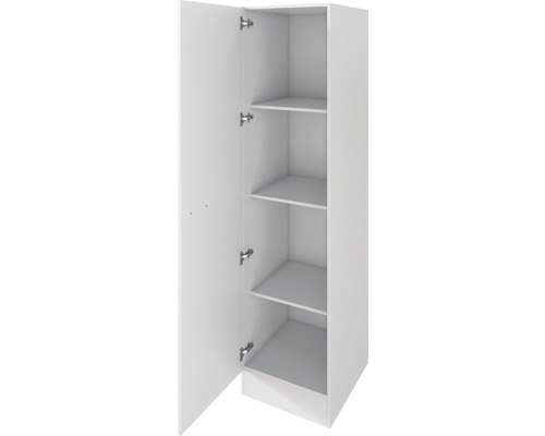 Offener weißer Küchenschrank mit Regalen