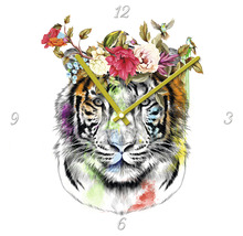 Dekorative Wanduhr mit Tigermotiv und Blumendesign