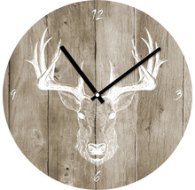 Wanduhr mit Hirschmotiv und Holzmuster
