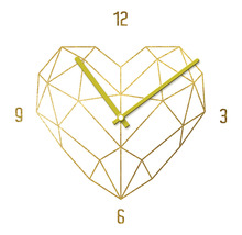 Herzuhr in Herzform mit geometrischen Linien und gelben Zeigern