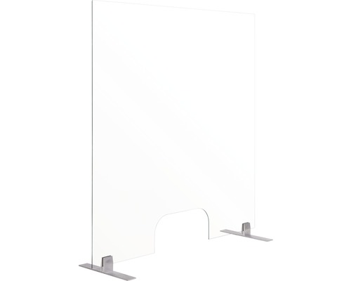 Freistehender transparenter Schutz aus Glas mit Metalfuß