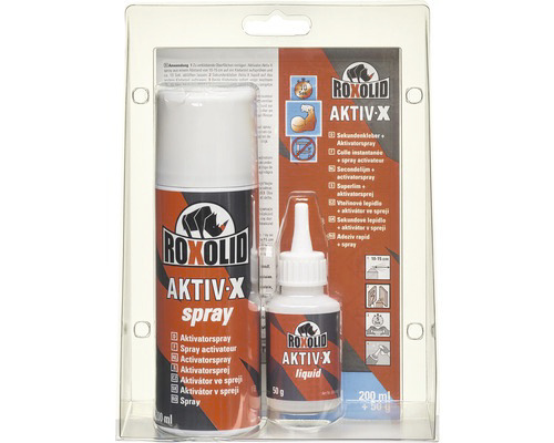 Roxolid AKTIV-X Sekundenkleber - 3D-Druck geeignet - 50g + 200 ml Roxolid Aktiv-X Set mit Aktivatorspray und Flüssigkleber in Verpackung