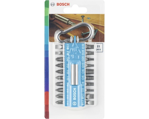 Bosch Logo. 21-teiliges Schrauberbit-Set mit Halter und Karabiner.