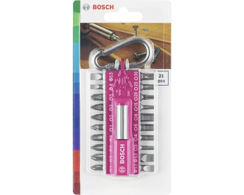 Bosch Logo. 21-teiliges Schrauberbit-Set mit Karabinerhakenverpackung.