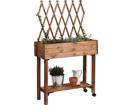 Hochbeet auf Stelzen mit Rankgitter, rollbar 79 x 28,5 x 130 cm braun lasiert Hochbeet aus Holz mit Rankhilfe und Ablagefläche