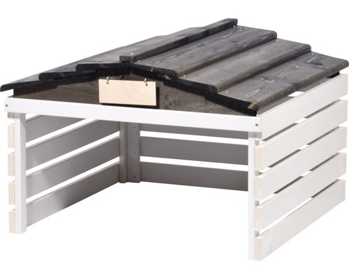 Holzkomposter mit schrägem Dach und Namensschild