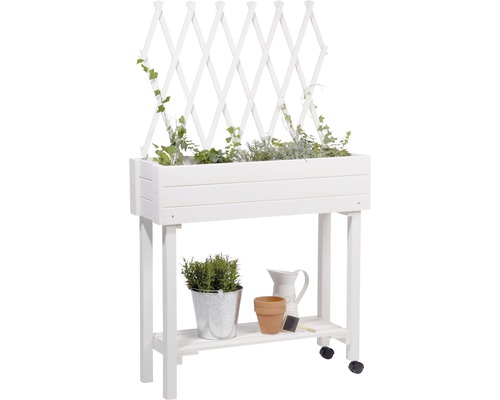 Hochbeet auf Stelzen mit Rankgitter, rollbar 79 x 28,5 x 130 cm weiß lasiert Weißer Pflanztisch mit Rankgitter und Ablagefläche für den Garten oder die Terrasse.