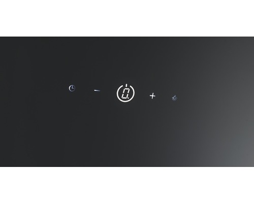 Bedienfeld einer Dunstabzugshaube mit Timer, Plus-Minus-Tasten, Digitalanzeige und Lichtsymbol