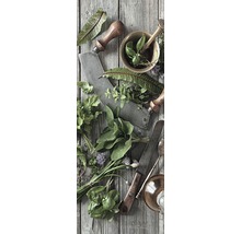 Arrangement aus Küchenkräutern, Mörser und Messern auf Holztisch