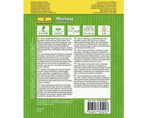 Samenpackung für einjährige Kräutermischung mit Basilikum, Bohnenkraut, Dill, Kerbel und Majoran