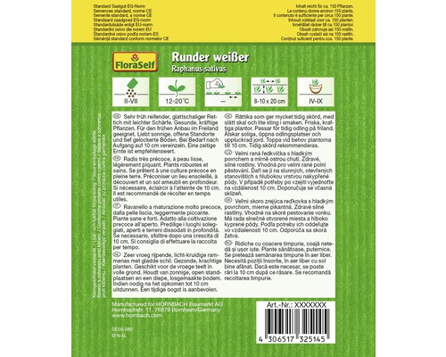 Samenpackung für runde, weiße Radieschen (Raphanus sativus) der Marke FloraSelf