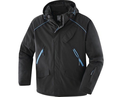 Schwarze Herren Winterjacke mit Kapuze und blauen Akzenten