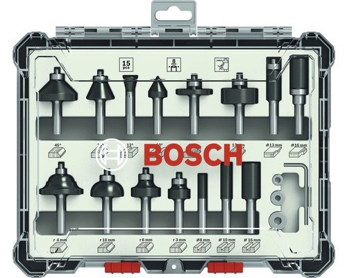 15-teiliges Fräser-Set, 8-mm-Schaft 15-piece Mixed Application Router Bit Set. Bosch Fräser Set mit 15 Teilen in Aufbewahrungsbox