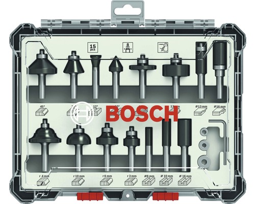 15-teiliges Fräser-Set, 8-mm-Schaft 15-piece Mixed Application Router Bit Set.