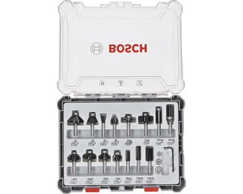 Bosch Fräser-Set in geöffnetem Koffer mit verschiedenen Fräserformen und Größen.