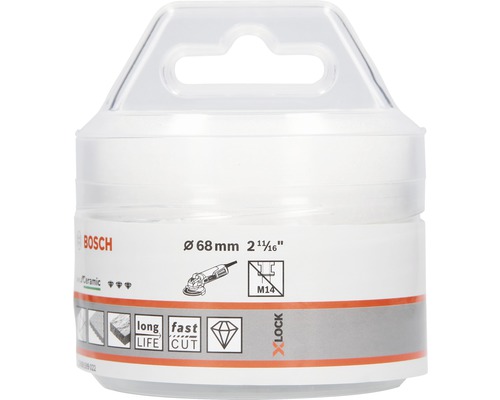 Bosch Logo. Verpackung einer Bohrkrone mit 68 Millimeter Durchmesser für Winkelschleifer mit X-Lock Aufnahme.